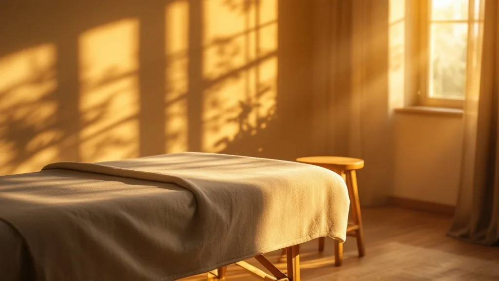 Two stools at one massage table, one empty, in golden-hour light.