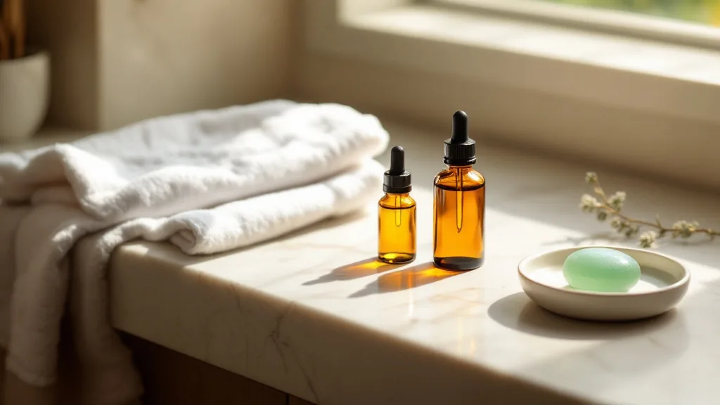 Two amber glass dropper bottles beside a folded white towel and a green stone in a ceramic dish on a stone counter