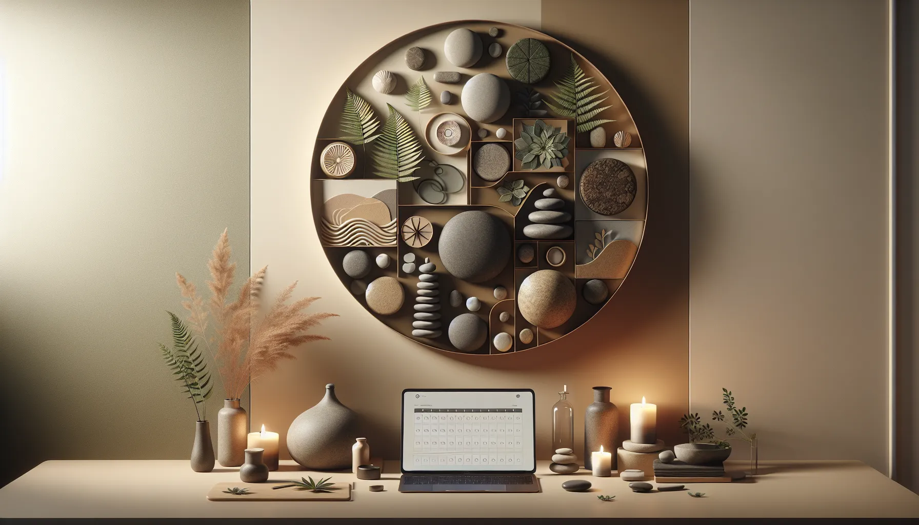 A solo massage therapist's treatment room shelf with a folded sheet, a small clay bowl, and an appointment book in warm afternoon light.