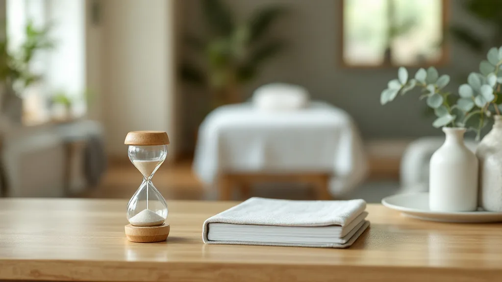 A wooden sand timer and a closed linen appointment book on a massage studio desk, a treatment table behind