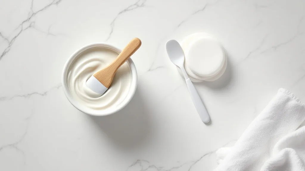 White bowl of cream mask with a wooden spatula, a white spoon and a stack of cotton pads on white marble, from above