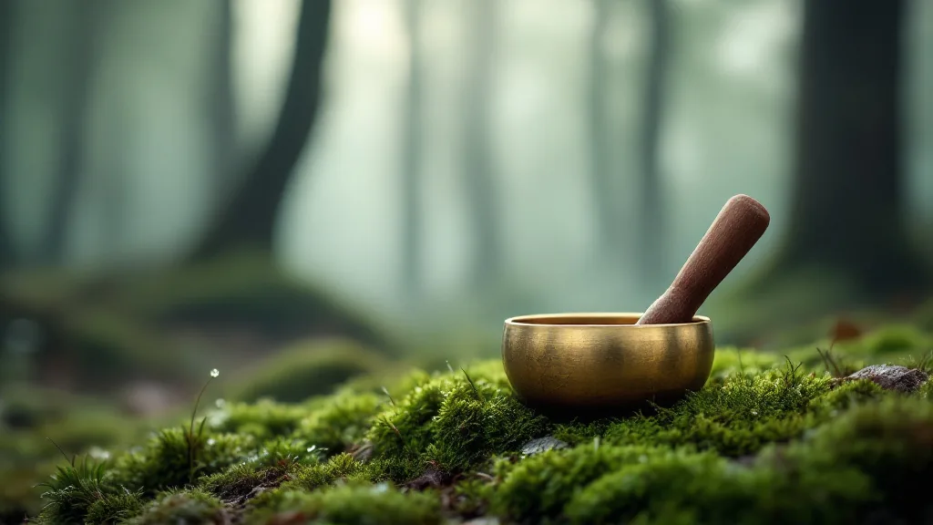 Brass singing bowl and wooden striker resting on green moss on a forest floor in soft morning haze