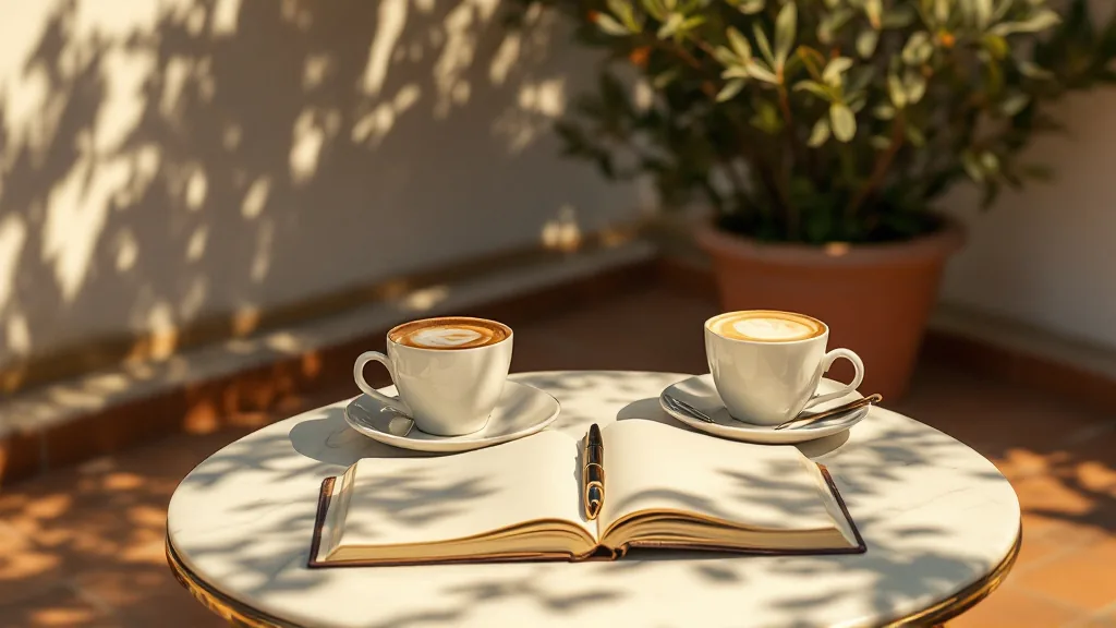 Two white coffee cups on a marble cafe table beside an open blank notebook and a pen in warm sunlight