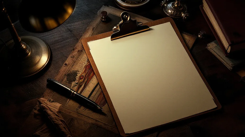 A clipboard with a blank cream page on an old anatomy chart, beside a fountain pen and a brass desk lamp