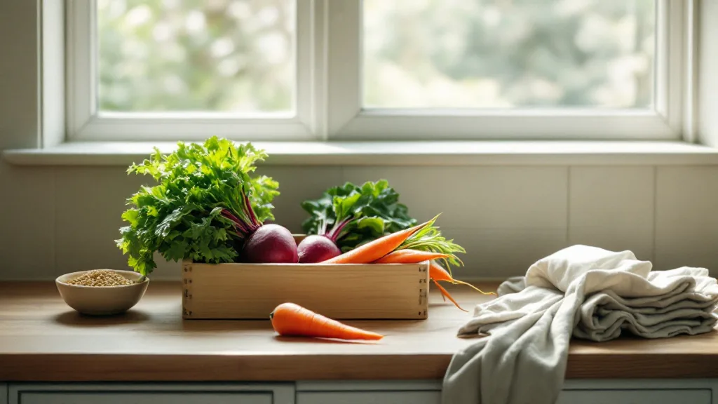 Wooden crate of beets, carrots and leafy greens beside a small bowl of lentils on a kitchen counter by a window