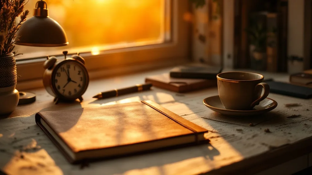 A tidy desk corner at end of day with a closed notebook and a cup in warm light.