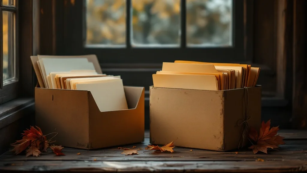 An aging archive box and labeled file dividers in warm light.