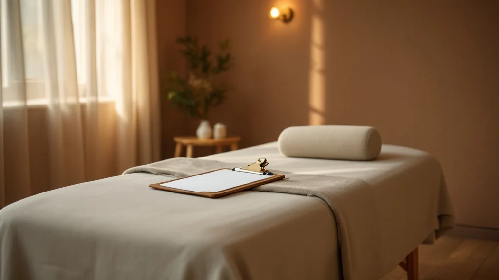 Empty massage treatment room with a cream-draped table, a round bolster and a wooden clipboard holding a blank page