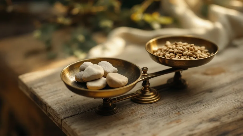 An old-fashioned balance scale with small objects in each pan.