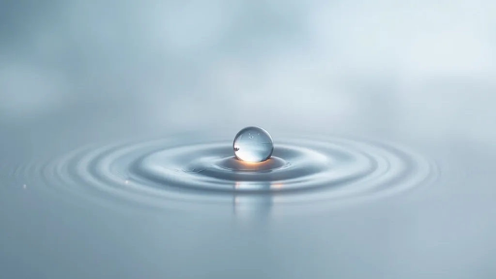 A single water droplet refracting light on a calm muted surface.