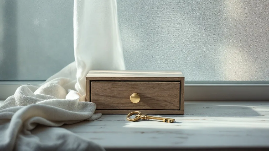 A closed drawer with a small key, privacy made tactile, wabi-sabi style.