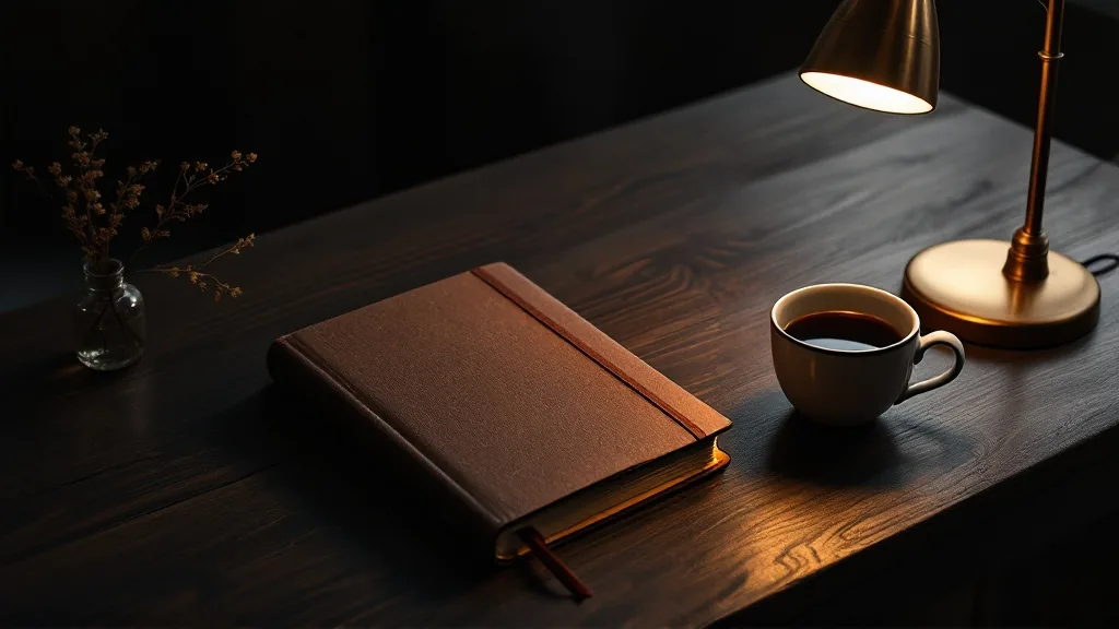 A closed appointment book and a small cup of tea on a dark walnut desk, lit by a warm brass lamp.