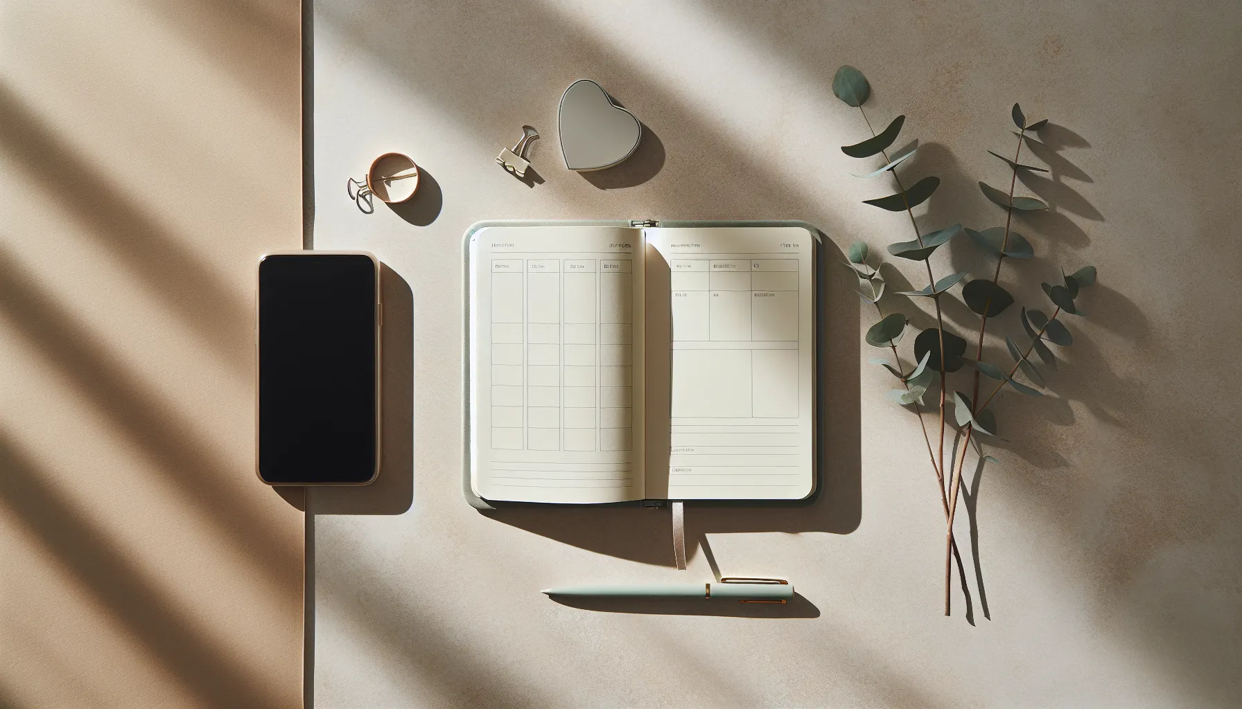 A planner and phone on a stone surface with eucalyptus — representing syncing your massage schedule to Google Calendar