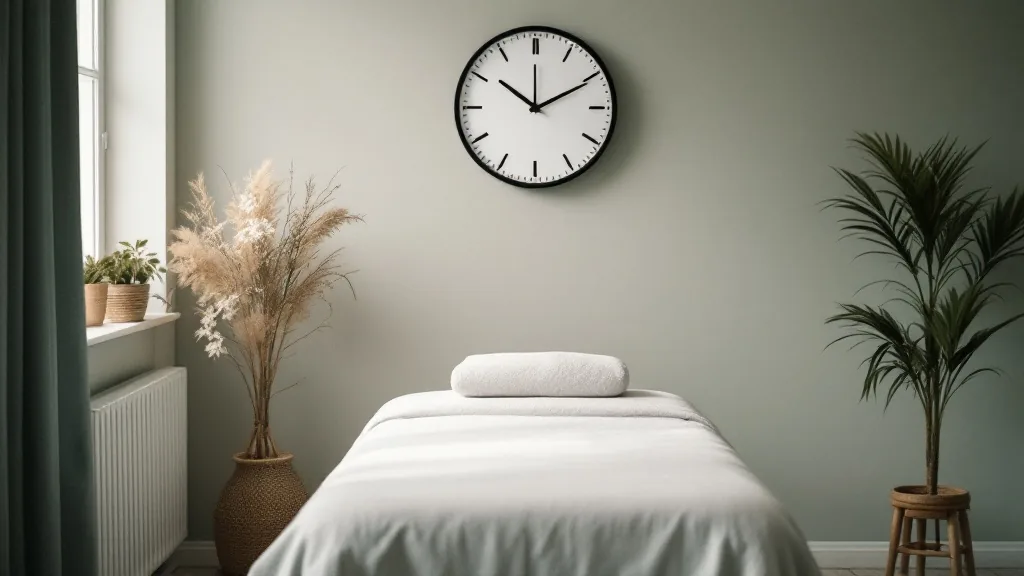 A wall clock above an empty, neatly made massage table in soft daylight.