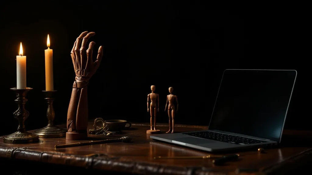 A stethoscope and anatomy reference beside a closed laptop in dark academia style.