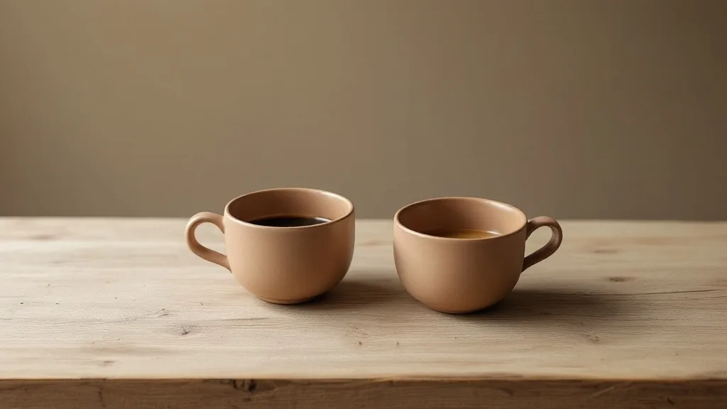 Two coffee cups on a table, one nearly full and one empty.